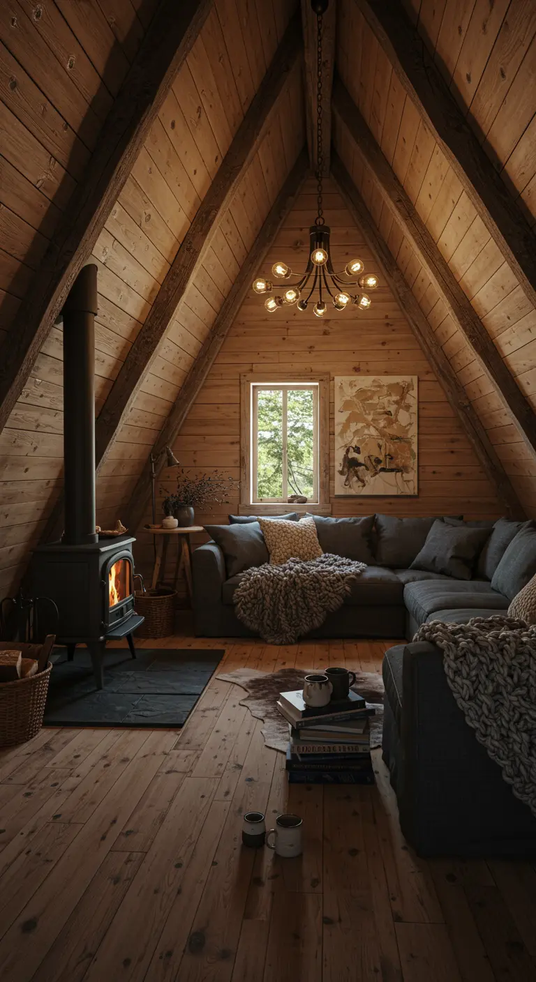 A-frame cabin living room with a dark sectional, wood stove, and warm, ambient lighting.