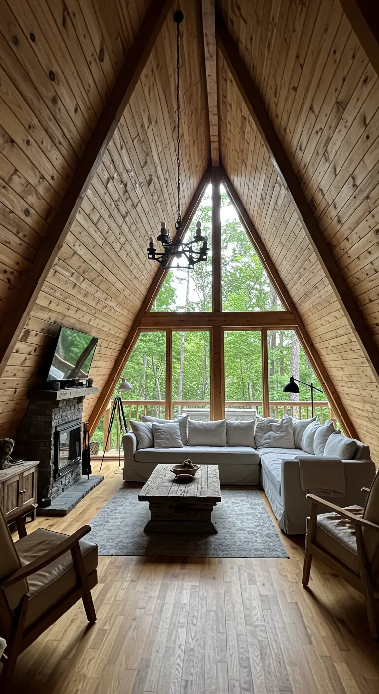 A-frame cabin living room with a large grey sectional facing a wall of windows.