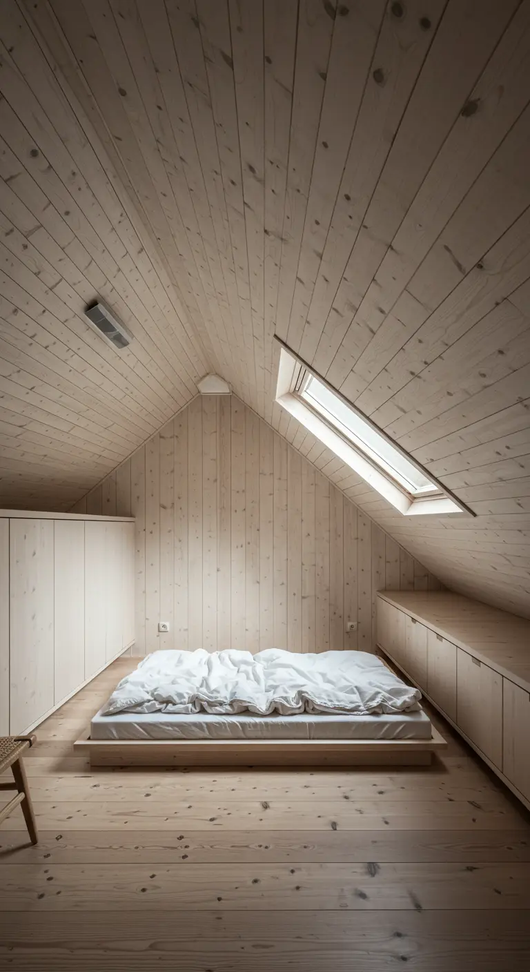 An attic bedroom with light wood paneling on all walls and ceiling, and a low platform bed.