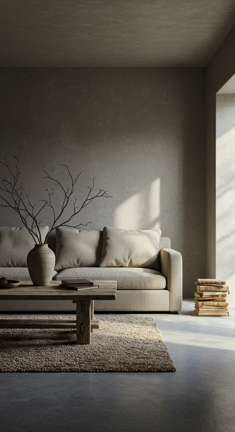 A minimalist living room with textured greige walls and a simple sofa.