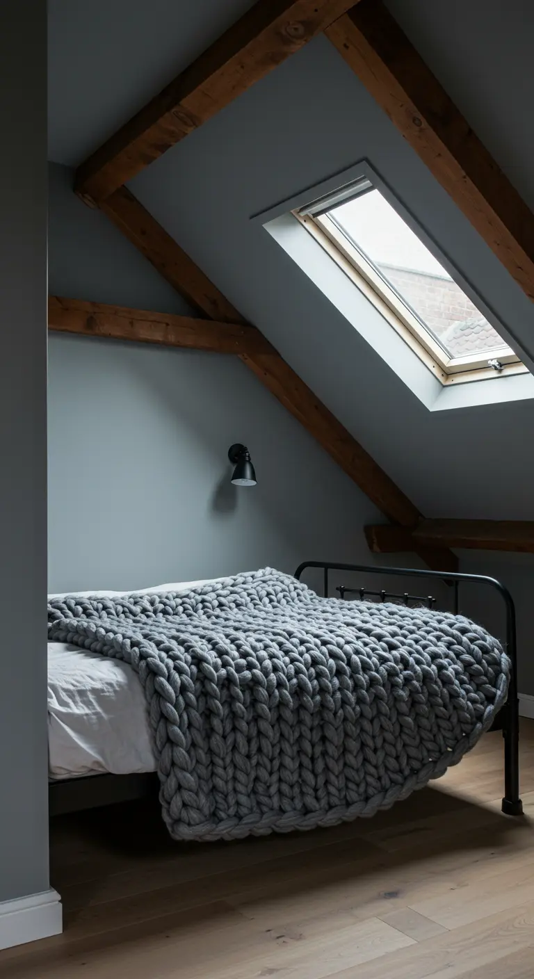 Cozy attic bedroom with gray walls, exposed wood beams, and a chunky knit blanket on a black bed.