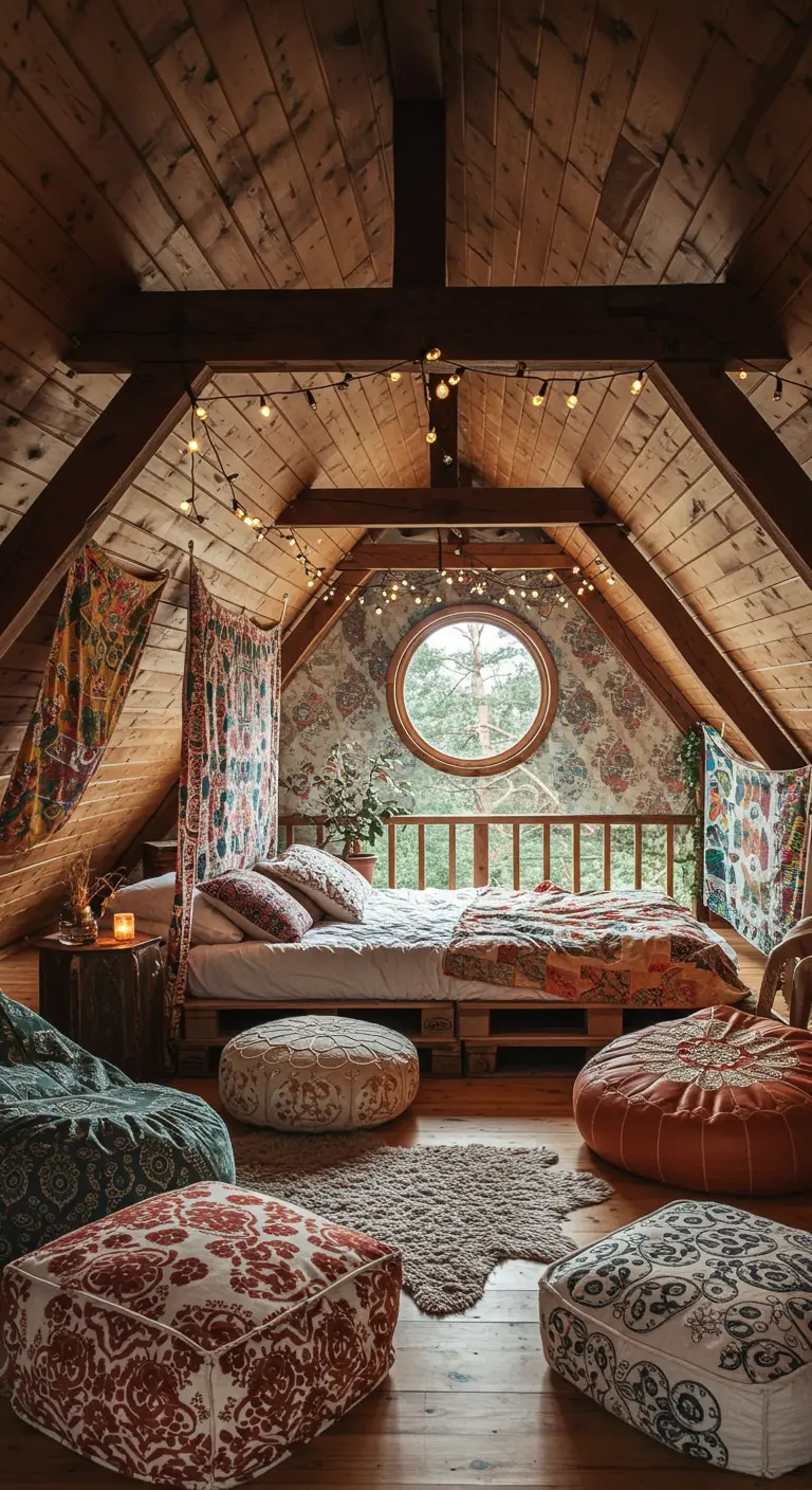 A bohemian attic bedroom with a pallet bed, string lights, and colorful textiles under a sloped wood ceiling.