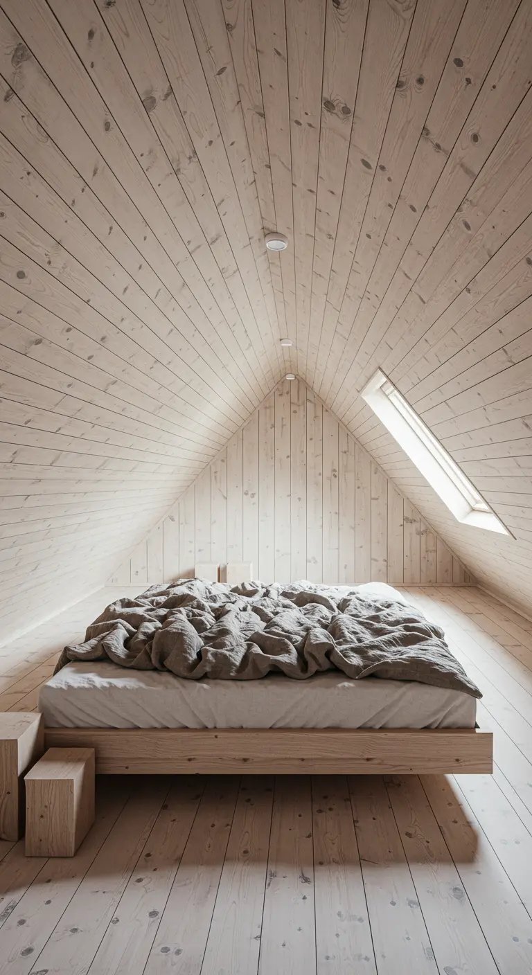Attic bedroom completely clad in light pine wood, with a low platform bed under a skylight.