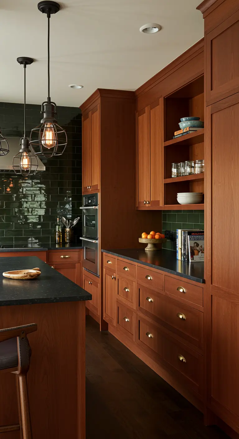 Dark kitchen with cherry wood cabinets and a dark green tile backsplash.