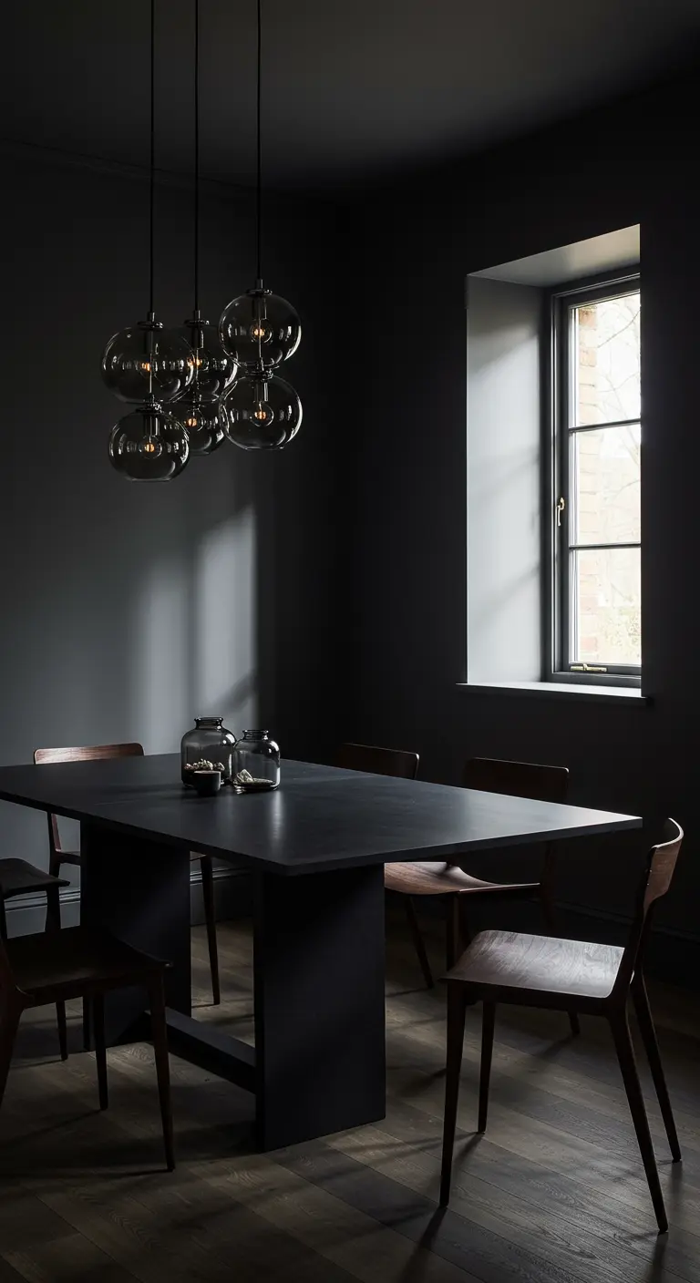 A dark, moody dining room with a matte black table and dark wood chairs.