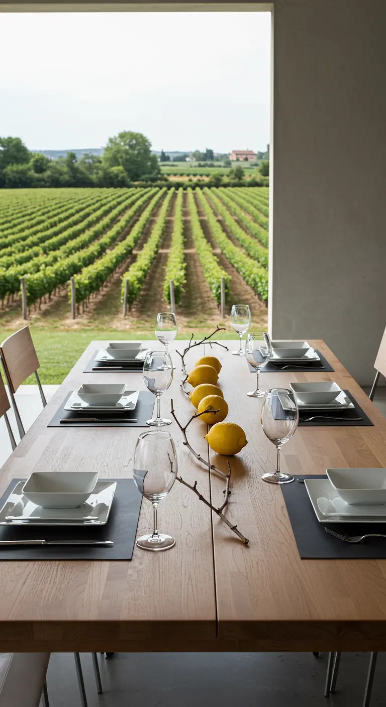 A minimalist table with a single branch holding a few lemons as the only centerpiece.