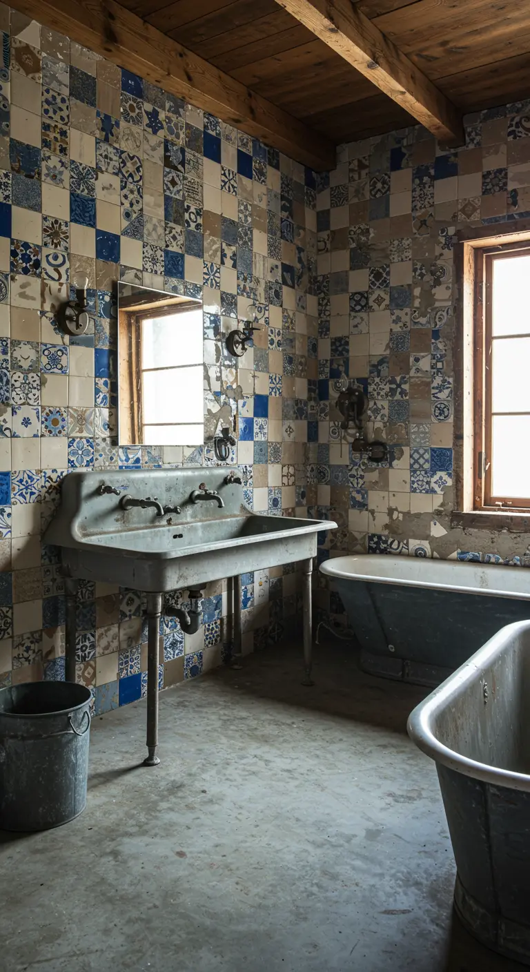 Rustic bathroom with walls covered in aged and chipped blue and white patchwork tiles.