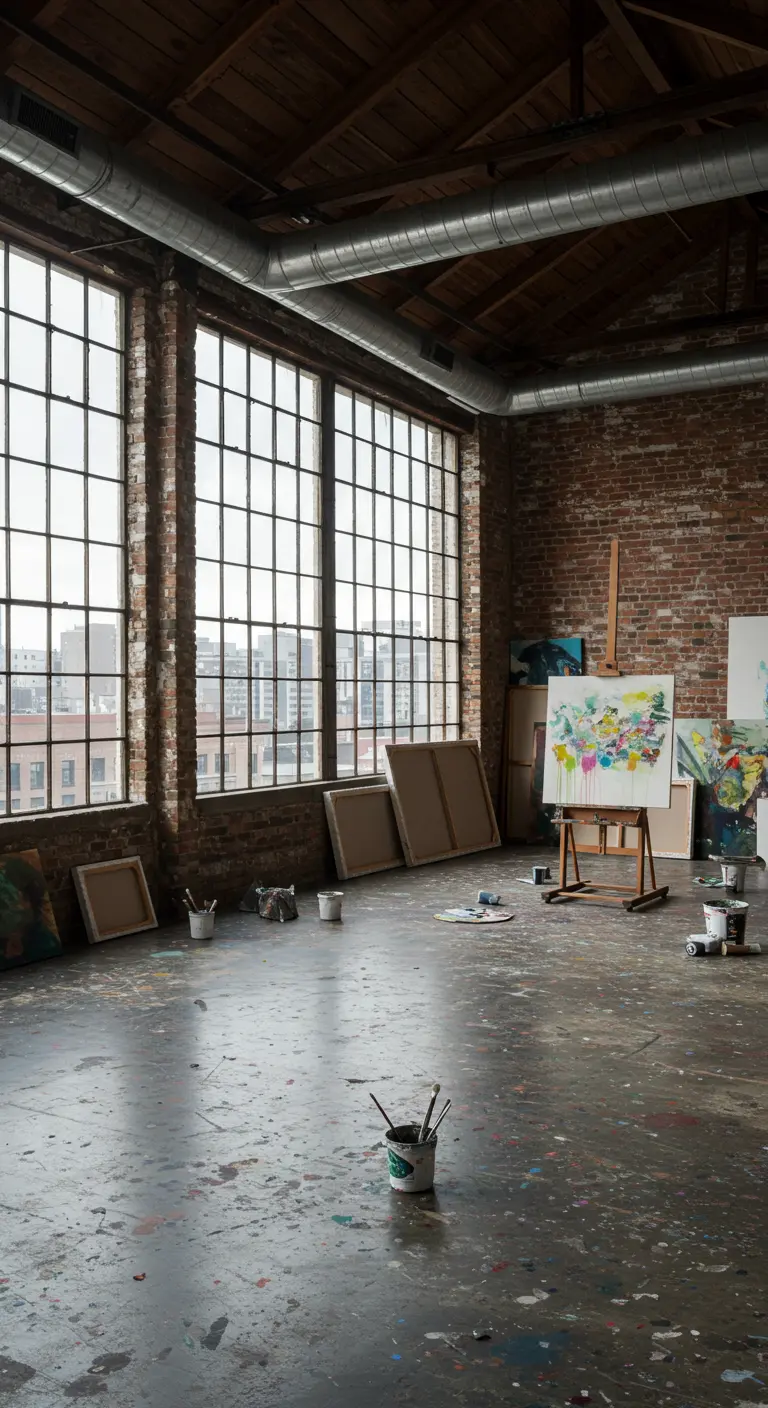 An artist's studio in a loft with large windows, brick walls, and a paint-splattered concrete floor.