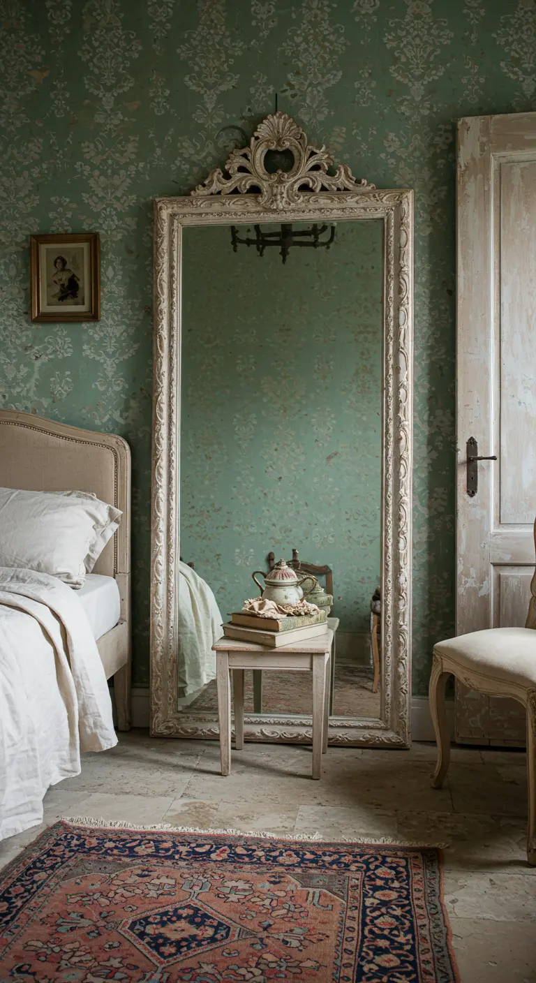 Large distressed white floor mirror leaning against a mint green floral wallpaper wall.