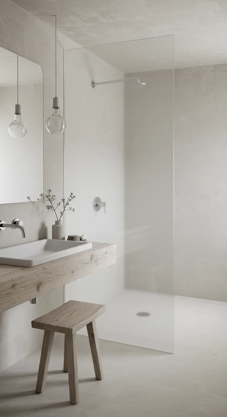 Minimalist bathroom with textured plaster walls and a raw wood vanity.
