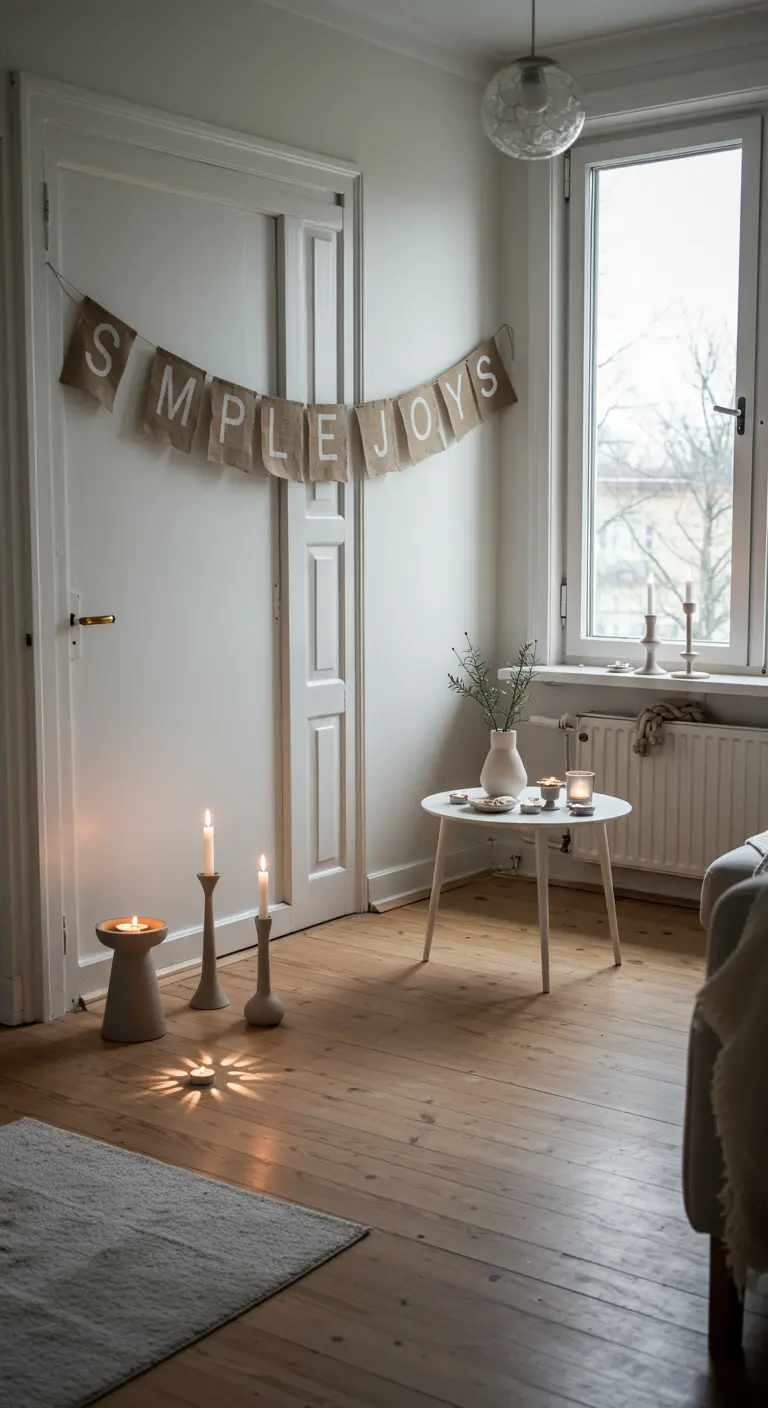 A minimalist room with a 'SIMPLE JOYS' banner, a few candles, and a white side table.