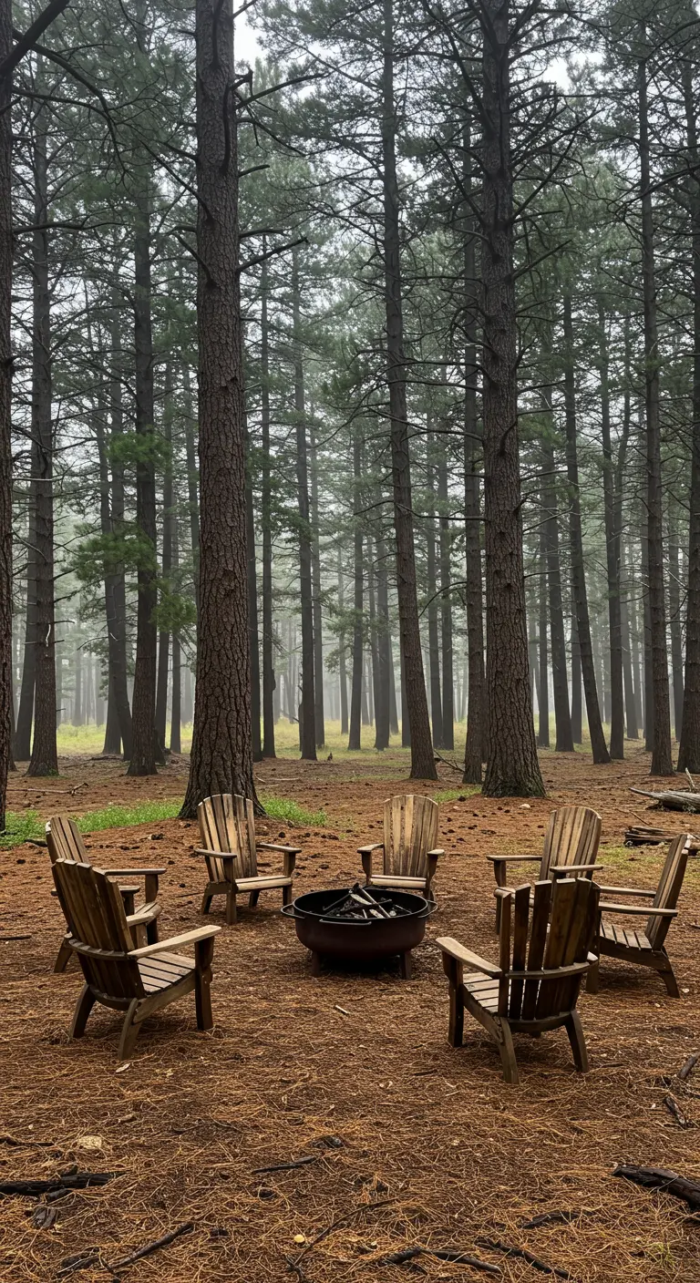 Weathered wooden Adirondack chairs around a fire bowl in a misty pine forest.