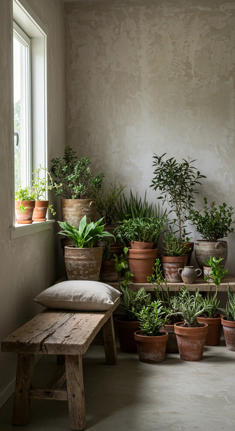 A rustic wooden bench sits beside a collection of plants in aged terracotta pots.