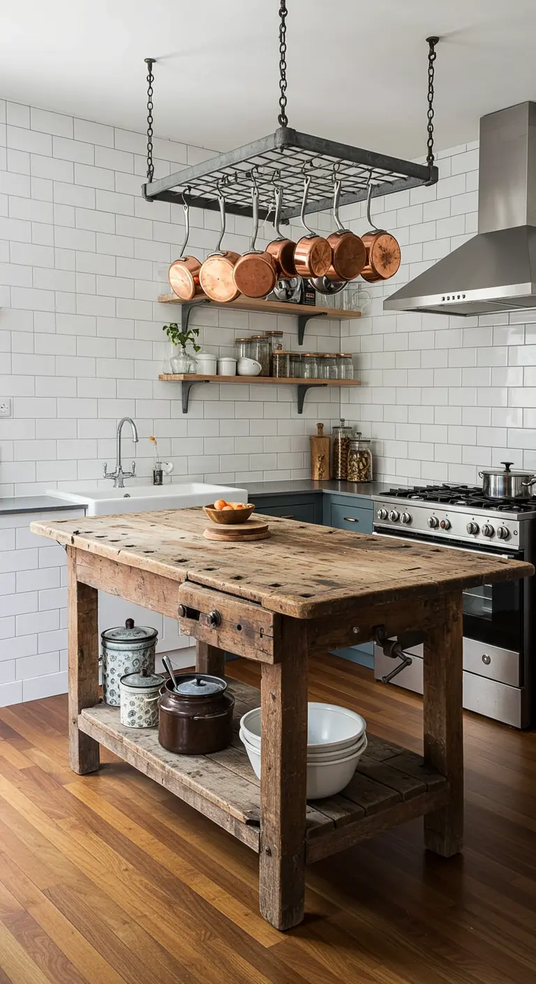 A rustic wooden workbench used as a kitchen island, with a pot rack hanging above.