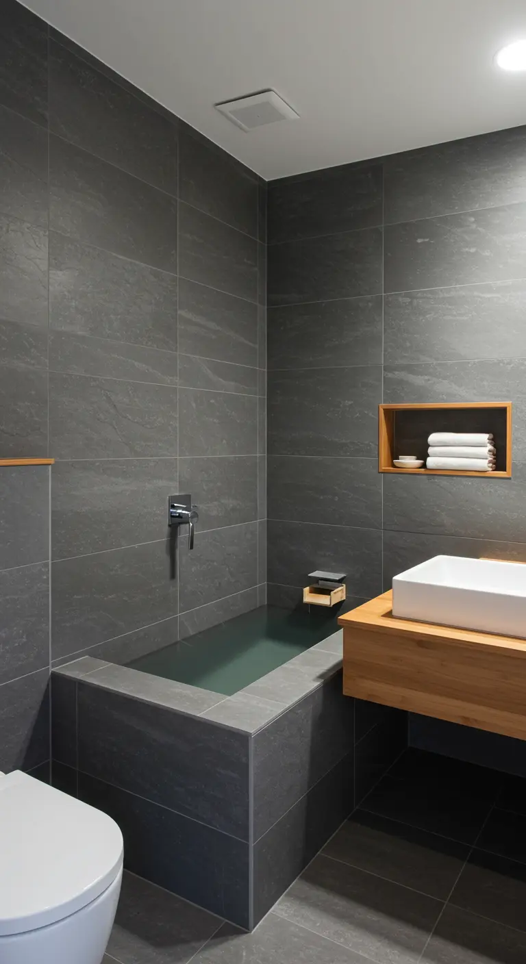 Minimalist gray bathroom with a deep, square Japanese soaking tub.