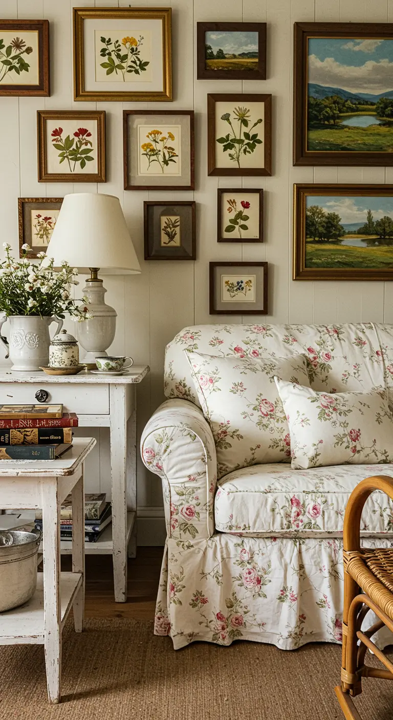 A cozy, cluttered living room with a floral sofa and a gallery wall of vintage art.