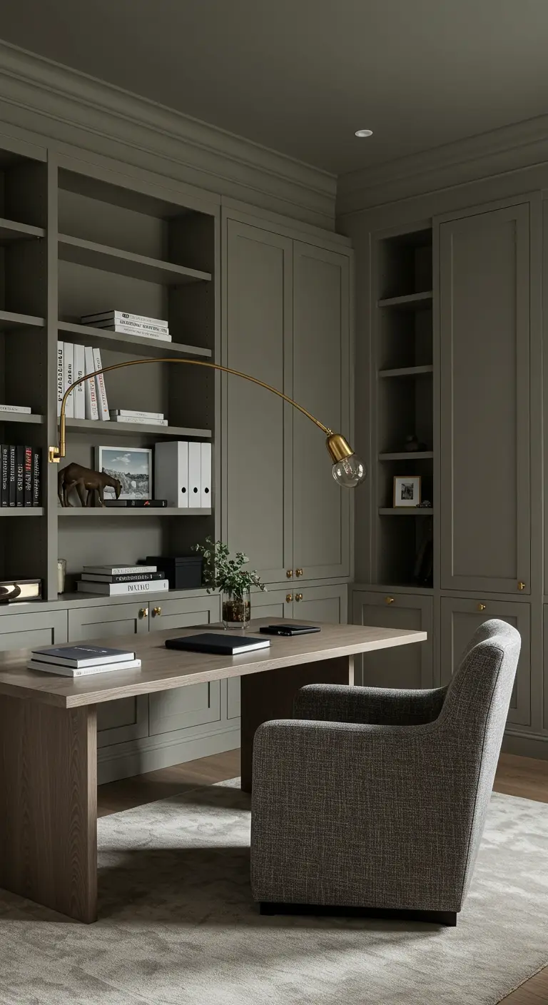 Home office with floor-to-ceiling greige built-ins and a brass arc lamp.