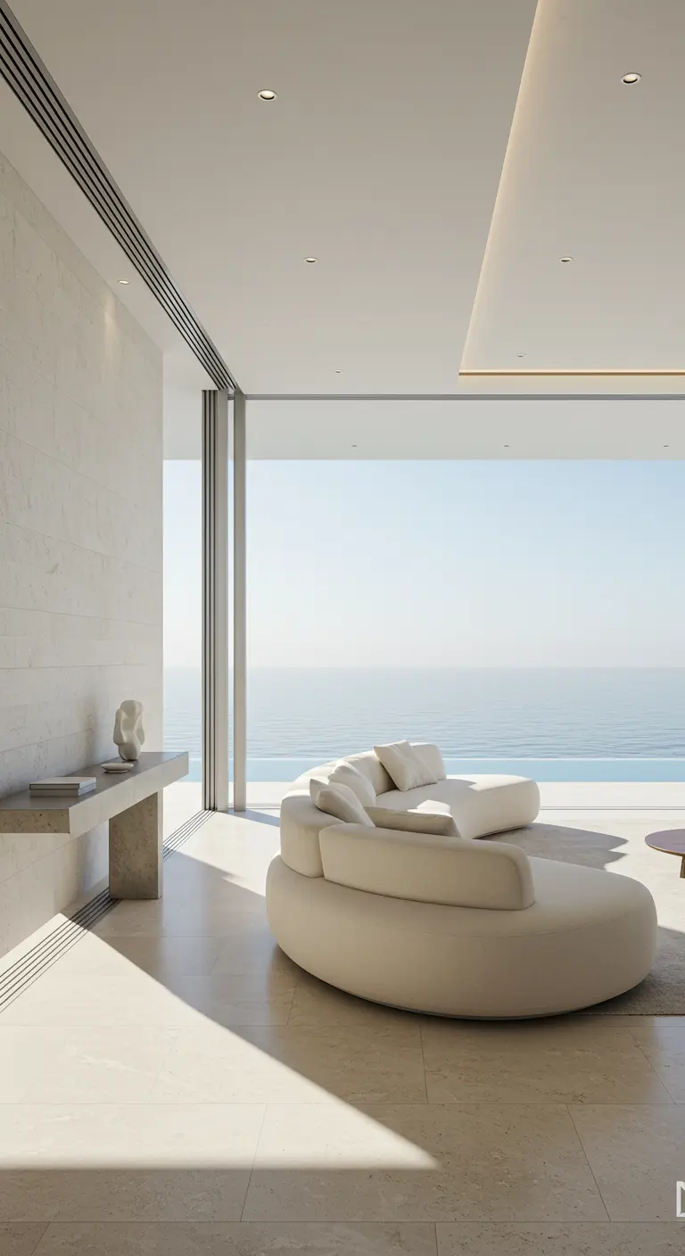 Minimalist white living room with a curved sofa and a wide-open view of the ocean.