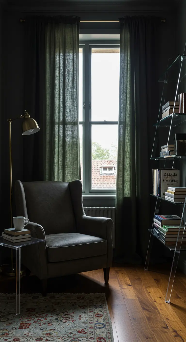 A moody reading room with dark walls and a tall, transparent acrylic shelving unit.