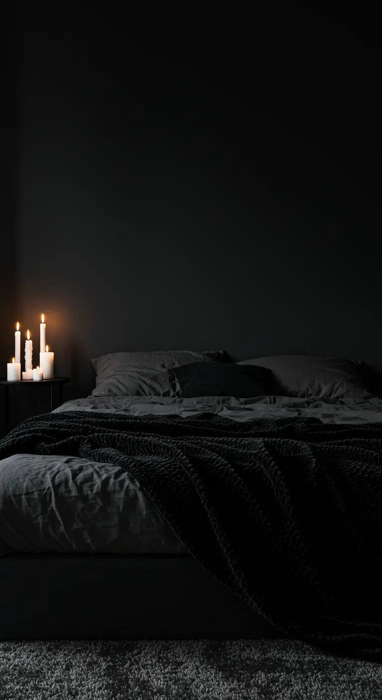 An all-black bedroom with charcoal bedding and a knit throw, lit only by candles.