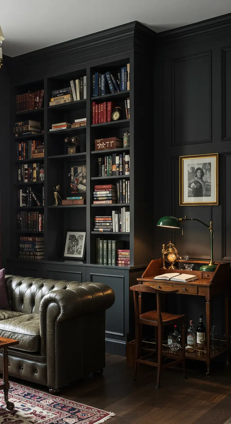 A dark, moody home office with floor-to-ceiling black bookshelves and a leather sofa.