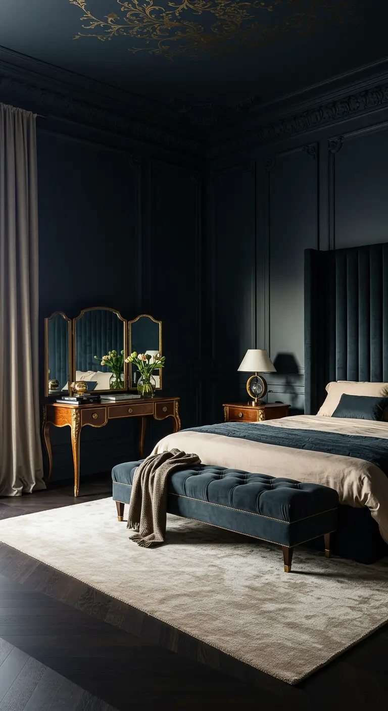 Moody dark bedroom with a tall velvet headboard, gold vanity mirror, and dark flooring.