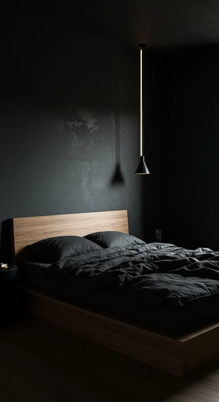 Moody bedroom with dark textured walls, a wood platform bed, and black bedding.