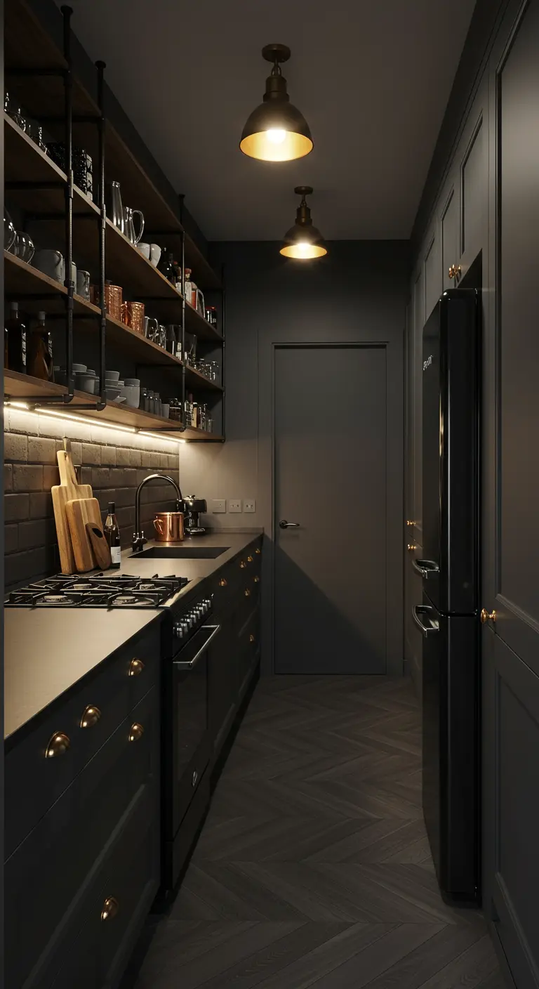 A narrow galley kitchen with matte black cabinets, black appliances, and warm pendant lighting.