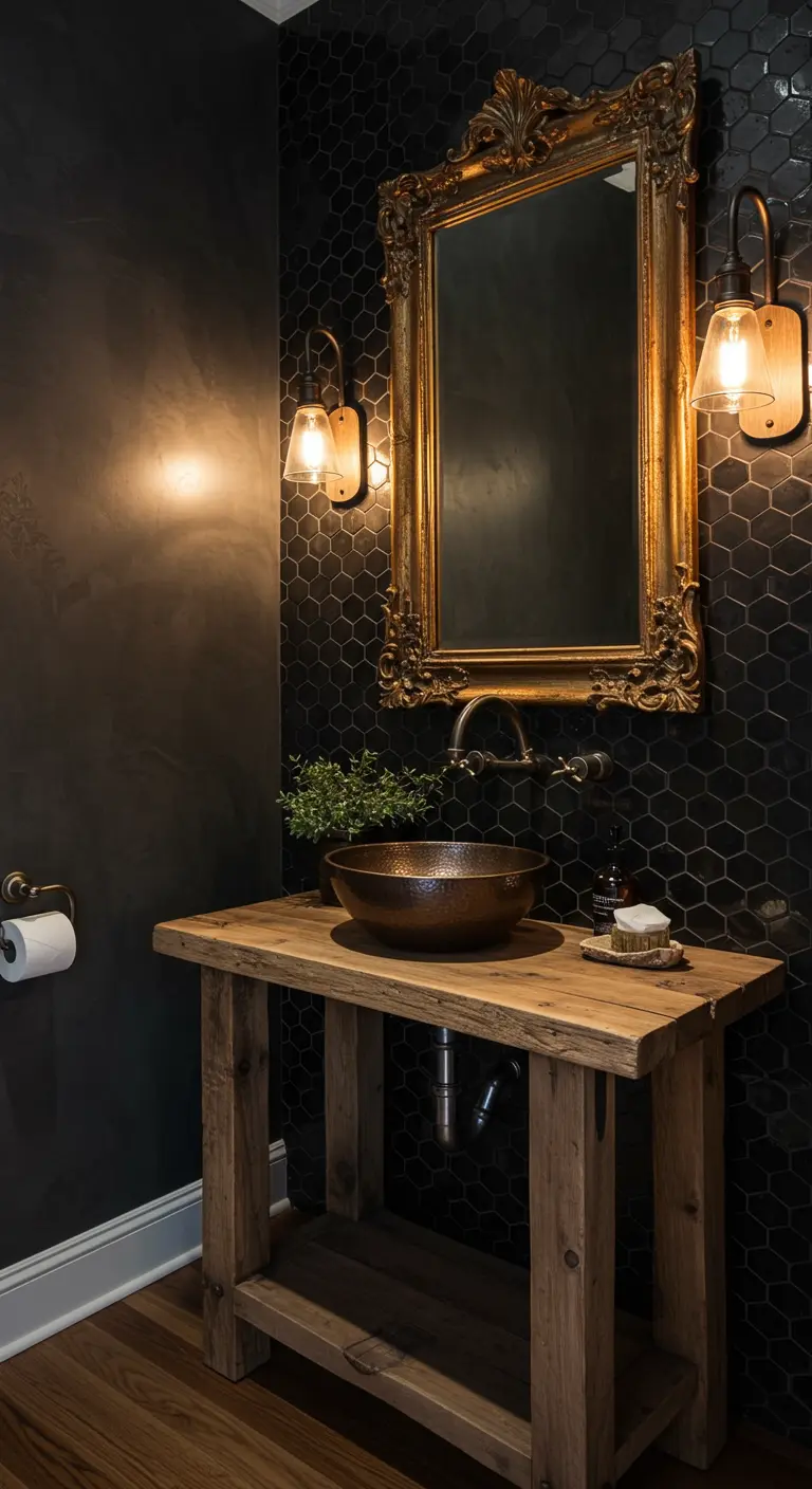 Moody powder room with black hex tile walls, a rustic wood vanity, and an ornate gold mirror.