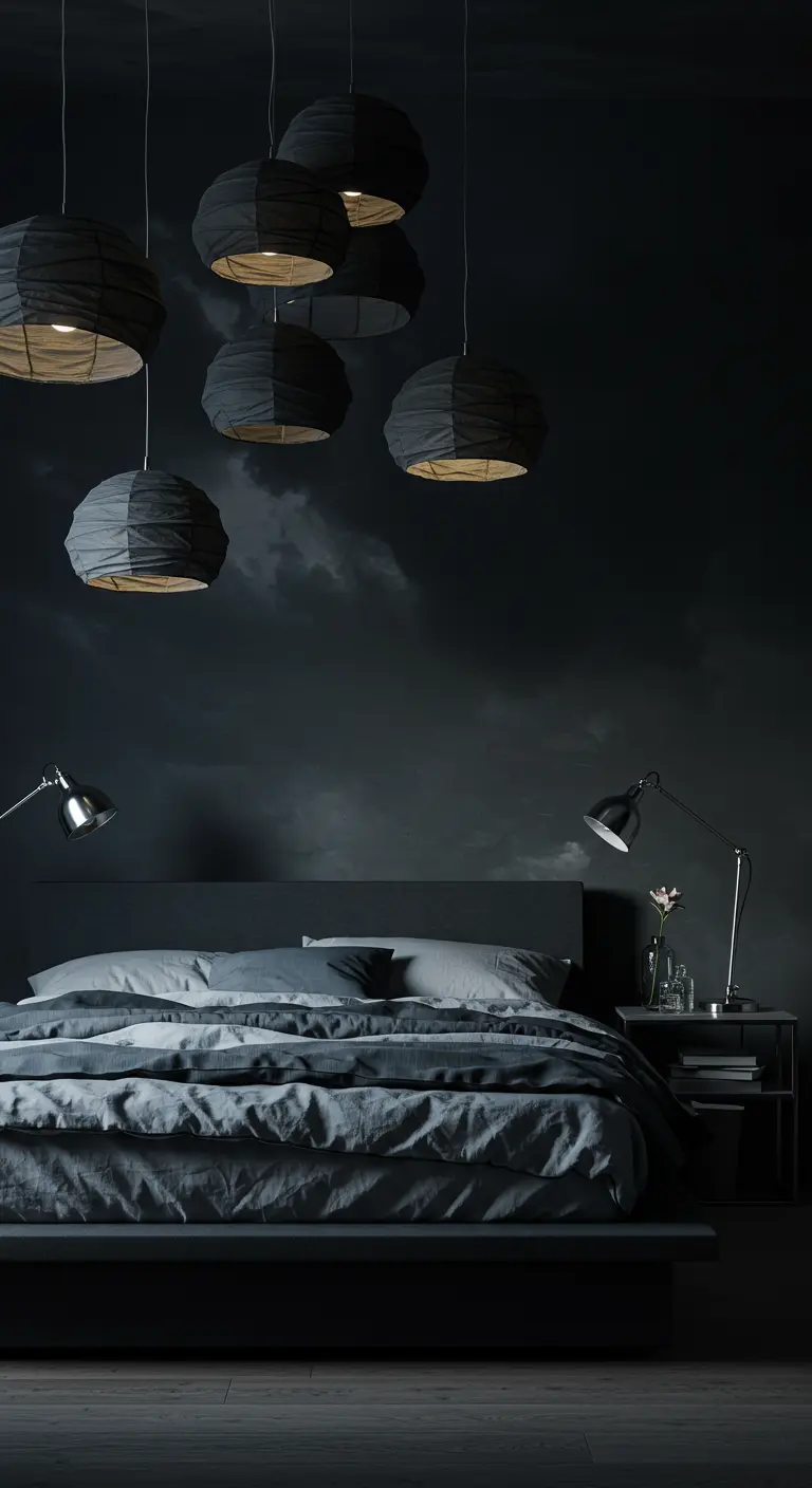 Dark charcoal bedroom with clustered black paper lanterns hanging over the bed.