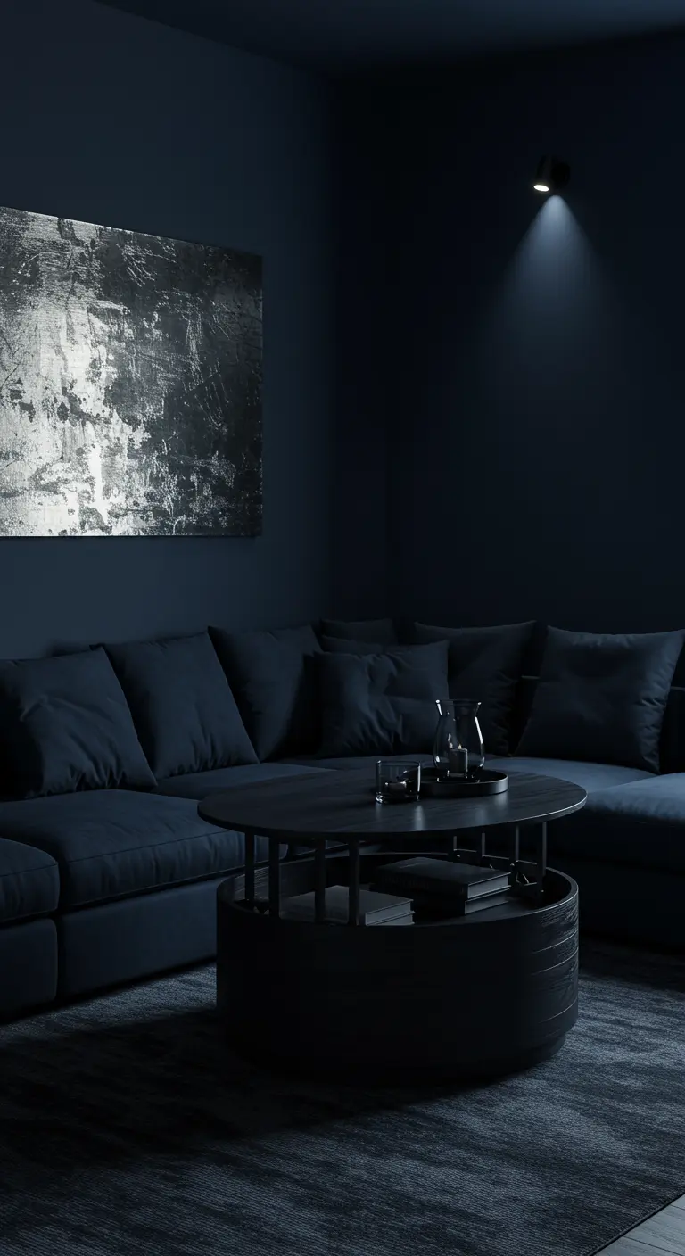 Moody dark blue living room with a matching sectional and a single spotlight on art.