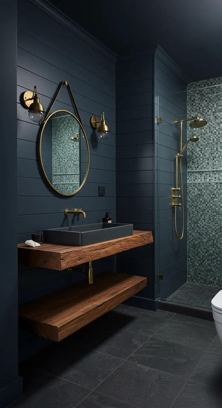 Moody bathroom with dark shiplap walls, a floating wood vanity, and brass fixtures.