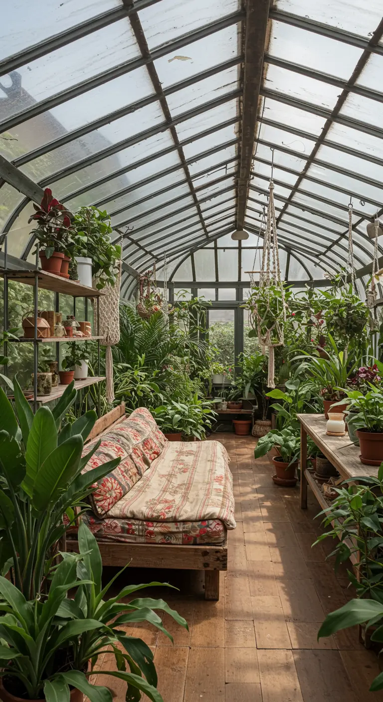 A glass greenhouse filled with numerous plants and a simple wooden daybed.