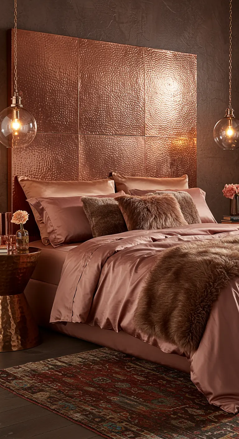 Bedroom with a hammered copper headboard and rose gold bedding.