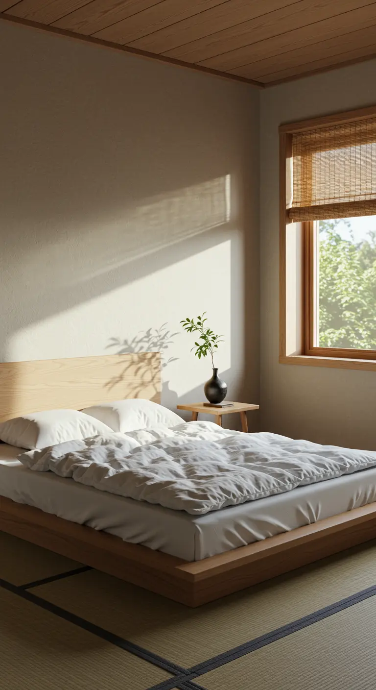 Minimalist Japandi bedroom with a low wood bed, tatami mat, and natural light.