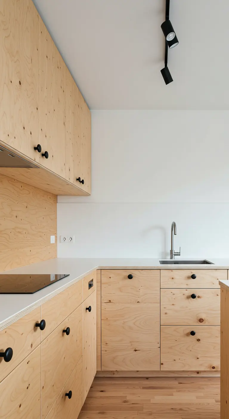 Kitchen with plywood cabinets, a white countertop, and simple matte black knobs.