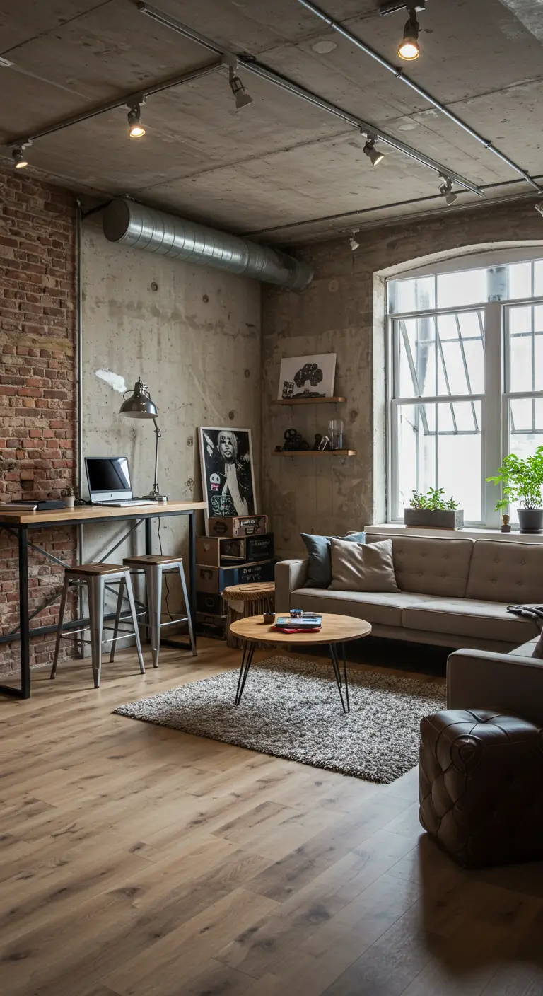 An industrial loft with exposed brick, a metal-frame desk, and a simple sofa.
