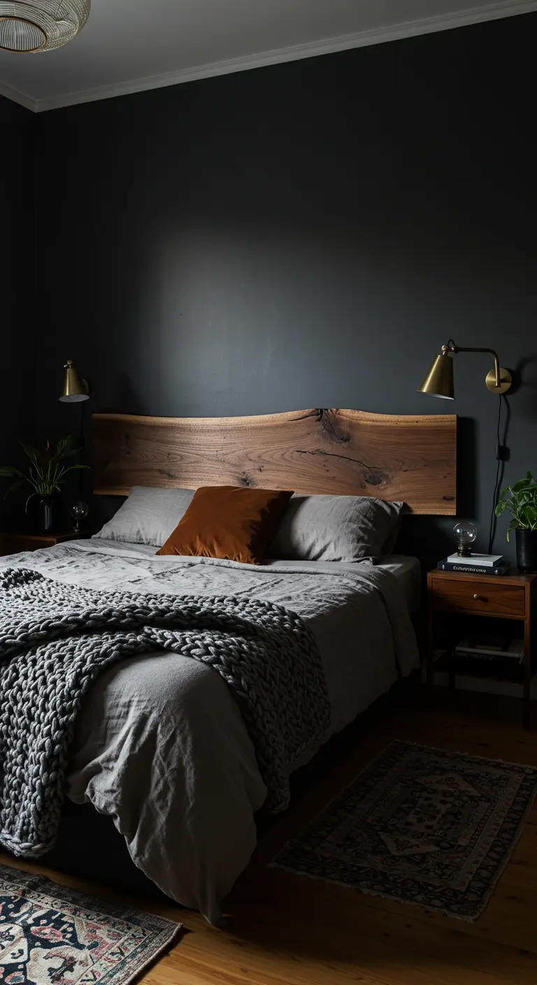 A moody bedroom with dark charcoal walls, a live-edge headboard, and brass sconces.