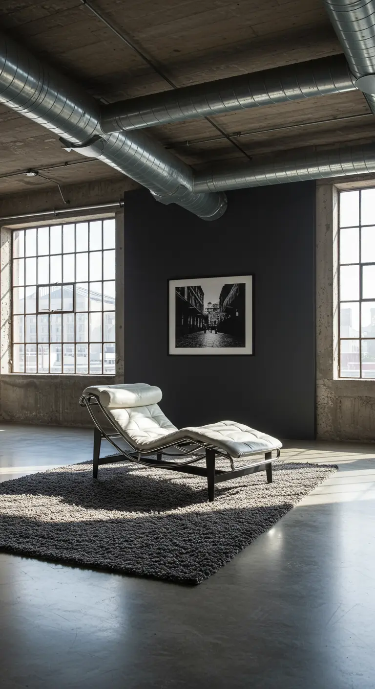 White chaise on a dark rug against a charcoal wall in an industrial loft with concrete floors.