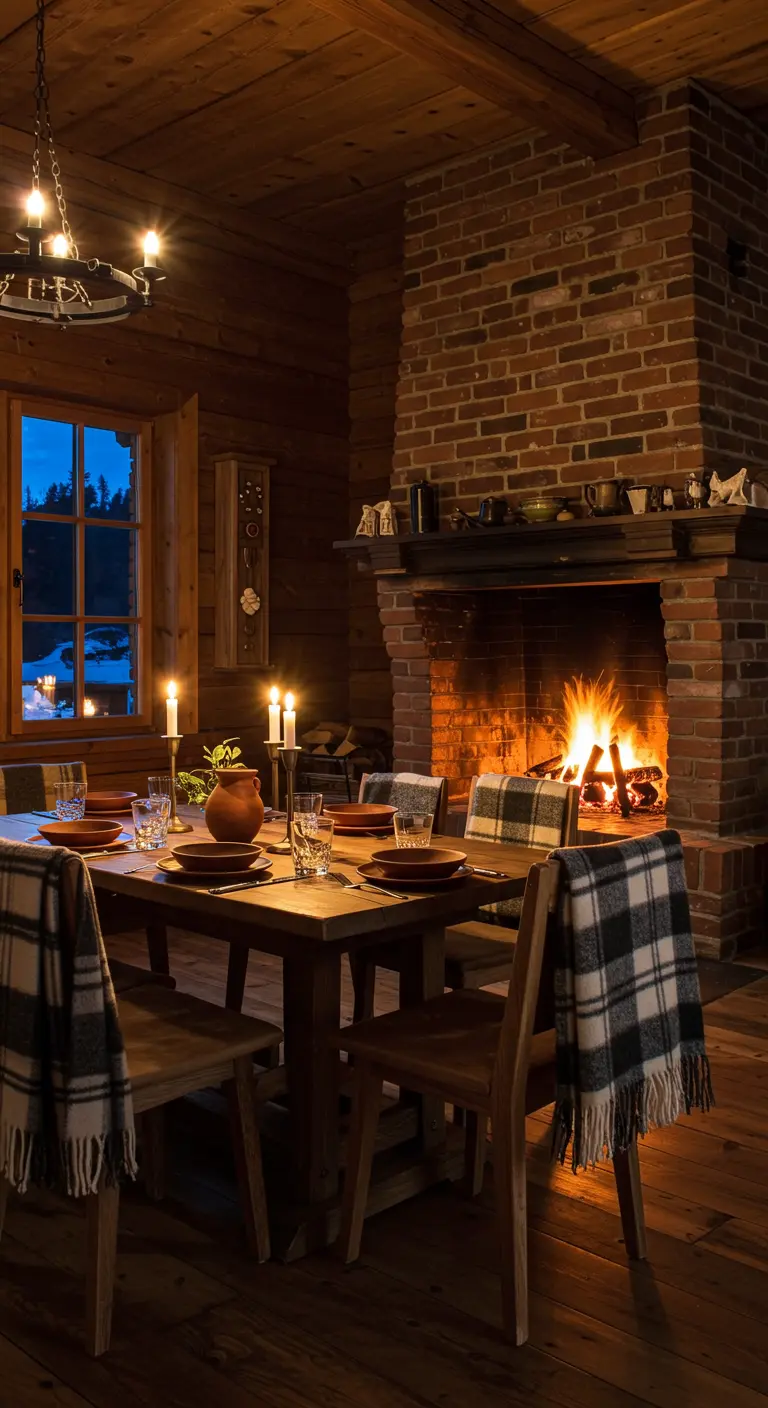 Dimly lit dining room with a large brick fireplace and candlelit table.