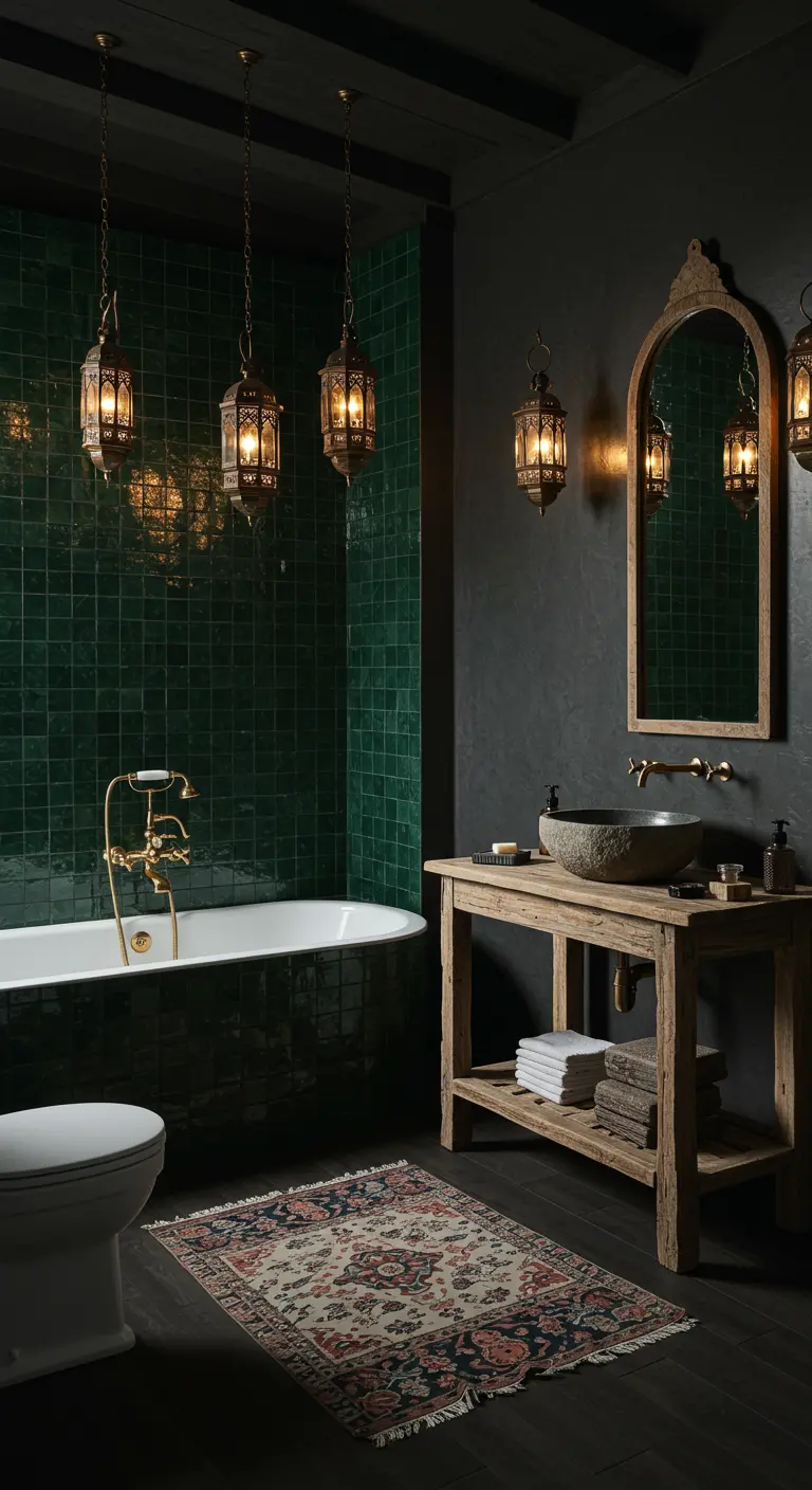 Dark Moroccan bathroom with emerald green tiles and hanging lanterns.