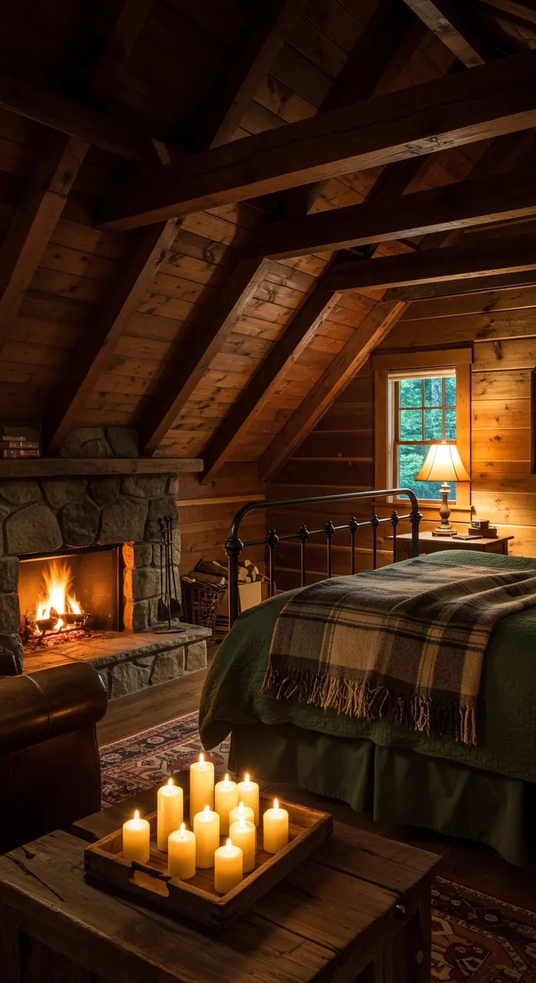 Dark wood cabin bedroom with a stone fireplace and a tray of candles on a wooden chest.