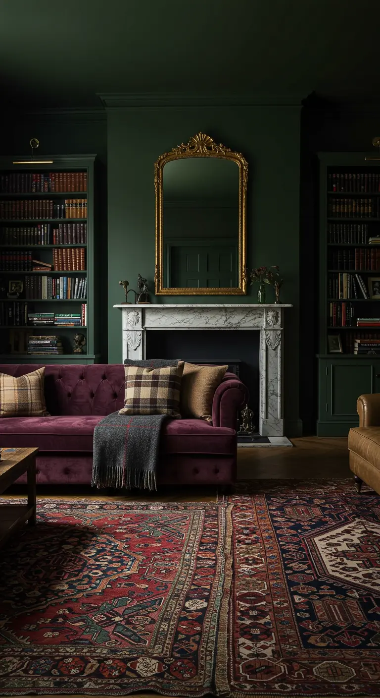 Plum velvet sofa in a dark green library with a large ornate gold mirror.