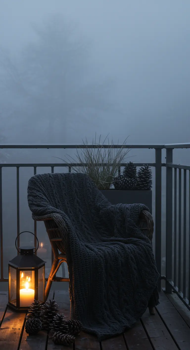 Foggy balcony with a wicker chair covered in a dark, chunky knit blanket and a single lantern.