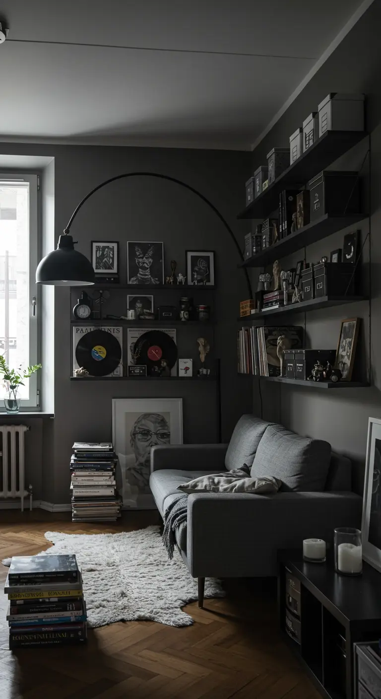 Dark grey living room with black wall shelves, a grey sofa, and a large black arc floor lamp.