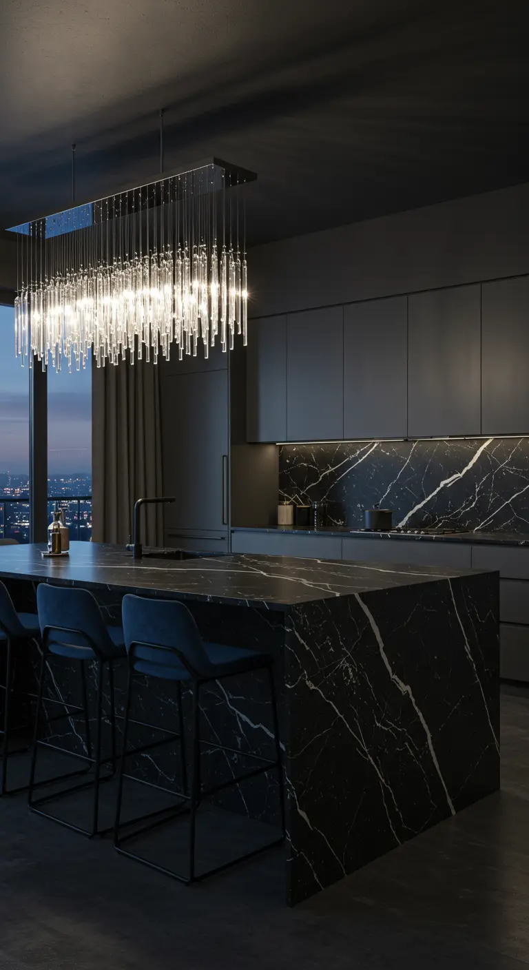A sleek, modern kitchen with black marble, matte black cabinets, and a long crystal rod chandelier.