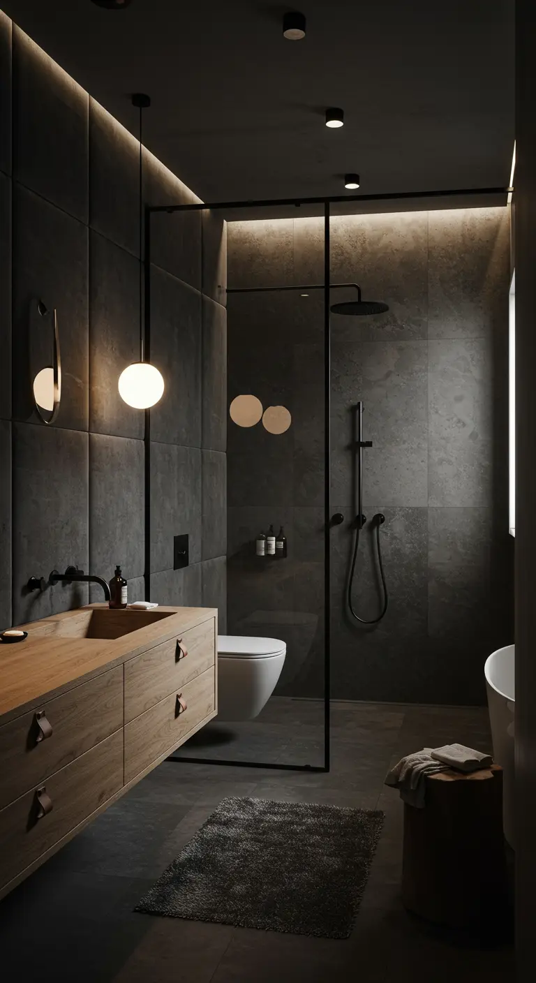 Minimalist dark grey bathroom with upholstered panels and a single pendant light over a wood vanity.