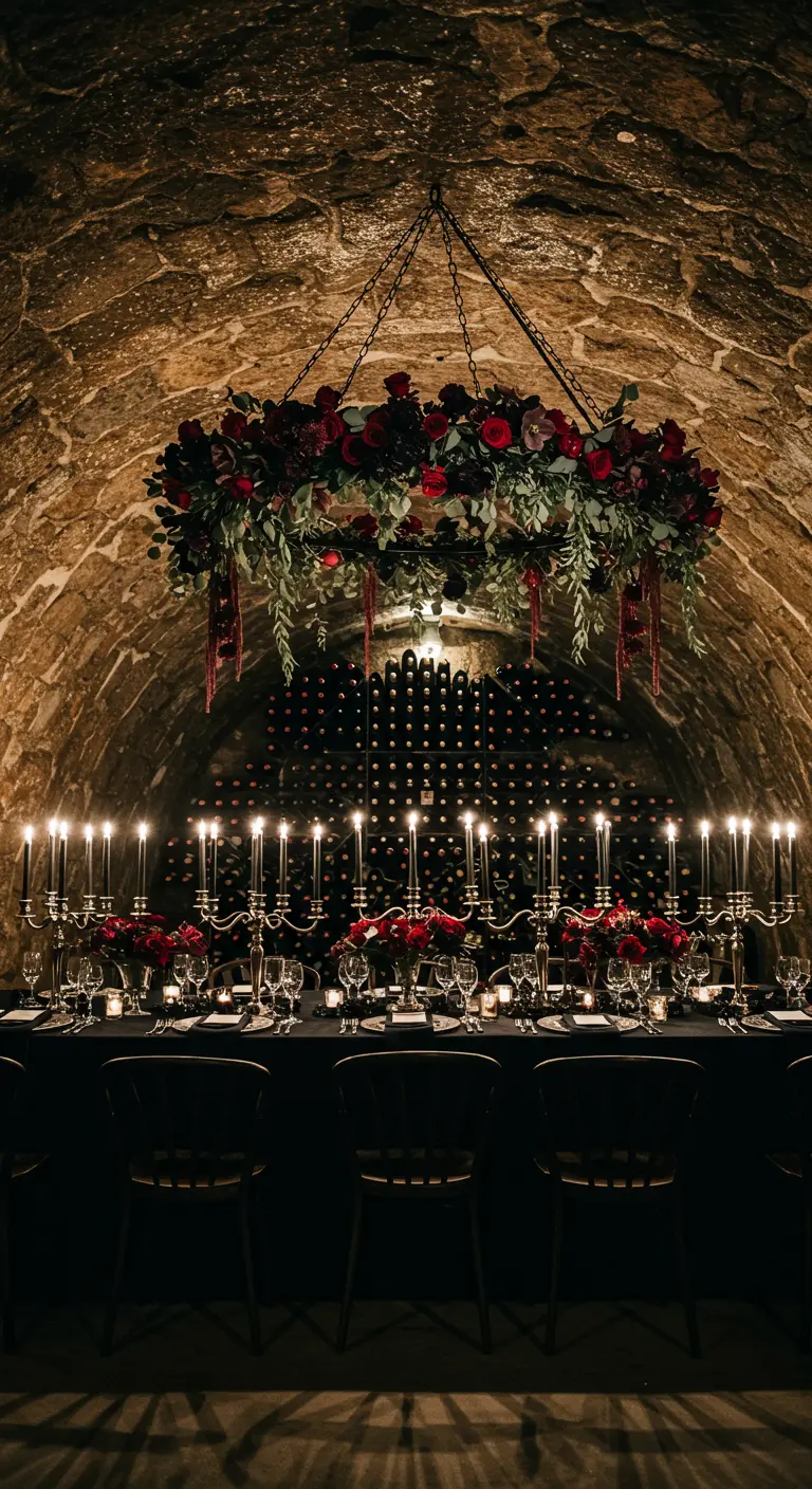 A dramatic tablescape in a wine cave with black linens, red roses, and tall black candles.