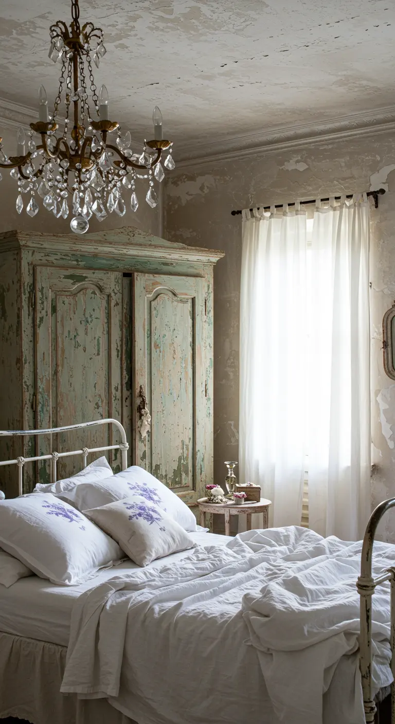 Bedroom with a distressed green armoire, plaster walls, and a crystal chandelier.