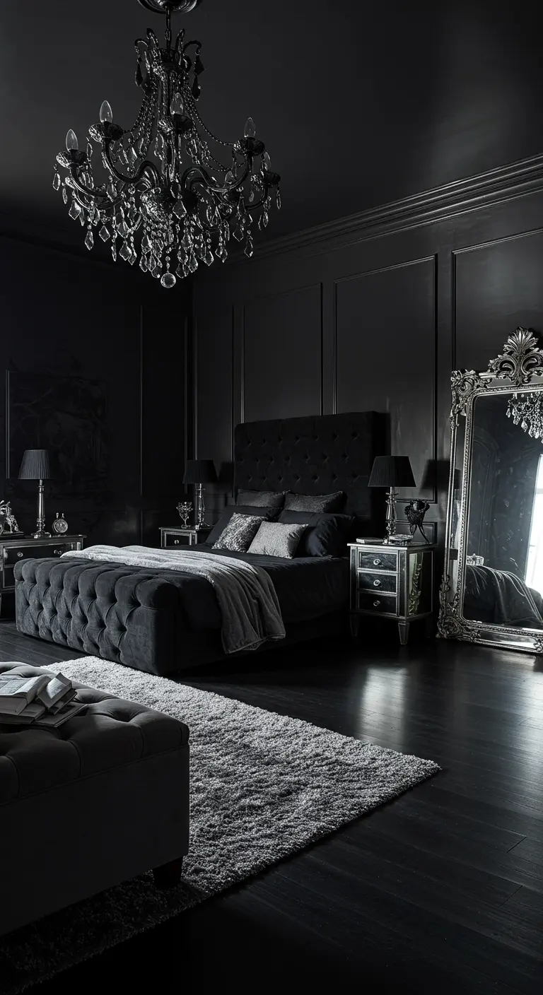 Moody all-black bedroom with a tufted bed, crystal chandelier, and large ornate silver mirror.
